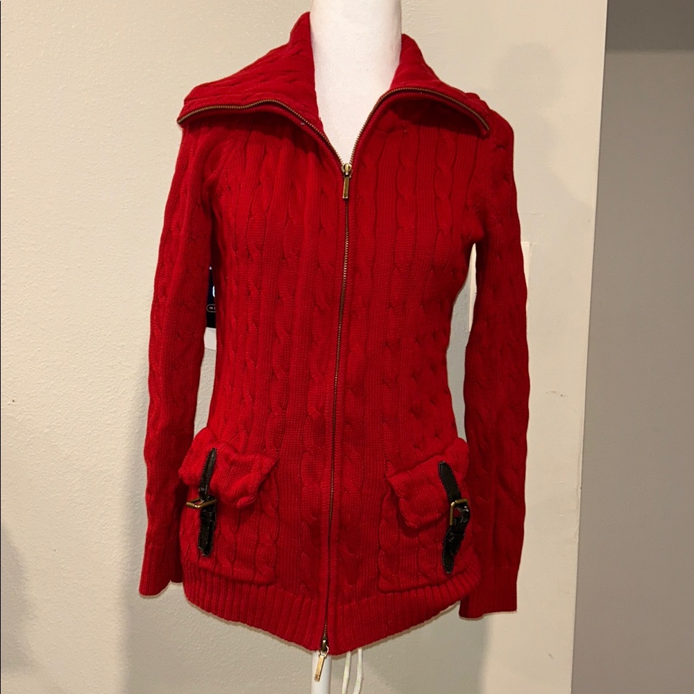 Lauren Ralph Lauren Sweater Womens S Red Cable Full Zip Brass Buckles Pockets - Picture 1 of 10